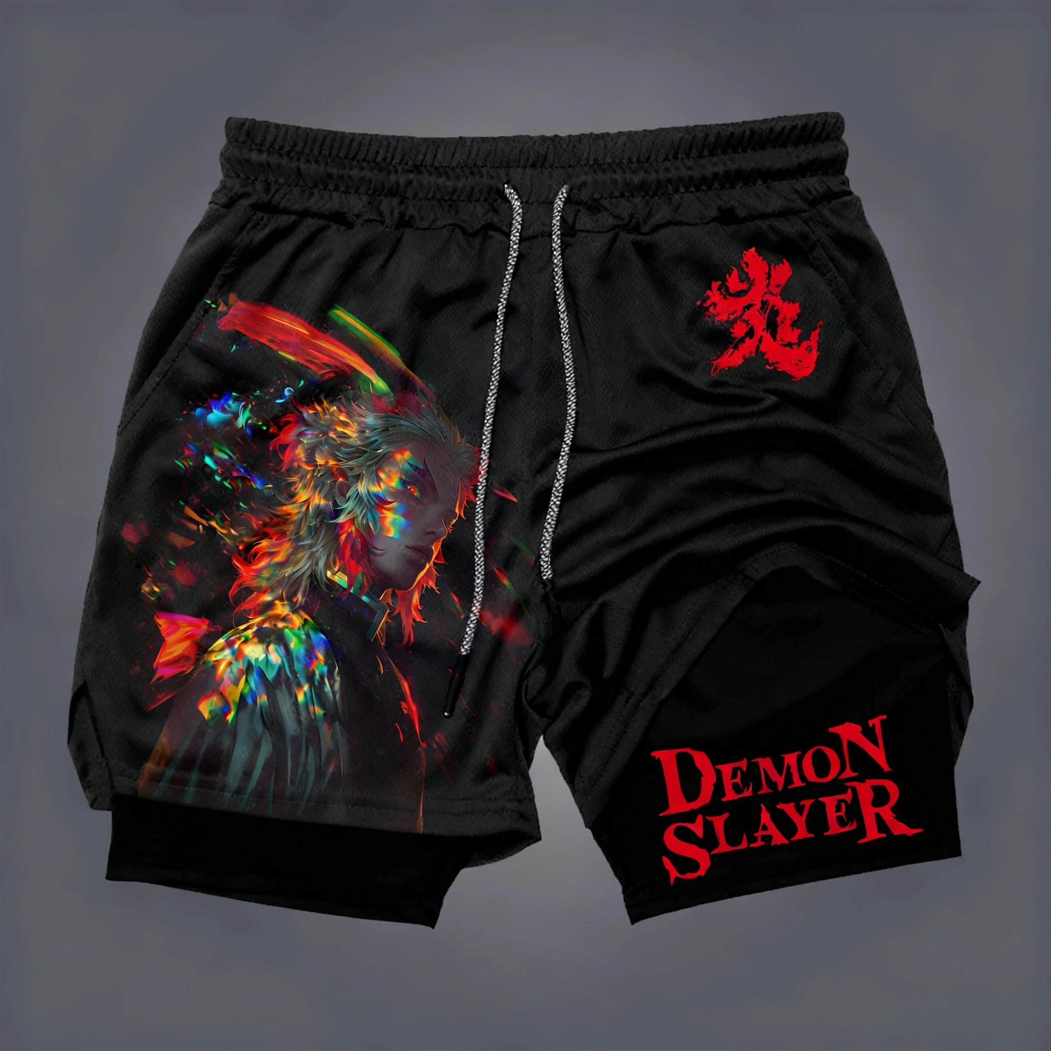 Demon Slayer Street Trendy Double Layer Shorts Summer New Anime Printed Fashion Fitness Swimming Hiking 2-in-1 Sports Shorts