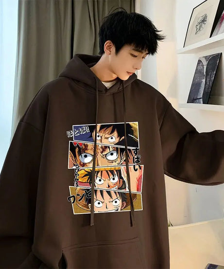 Anime One Piece Monkey D. Luffy Men's Autumn and Winter Printed Hoodie Versatile Hooded Pullover Jacket