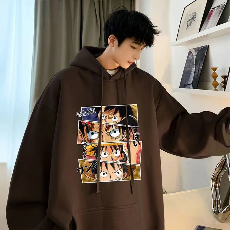 Anime One Piece Monkey D. Luffy Men's Autumn and Winter Printed Hoodie Versatile Hooded Pullover Jacket