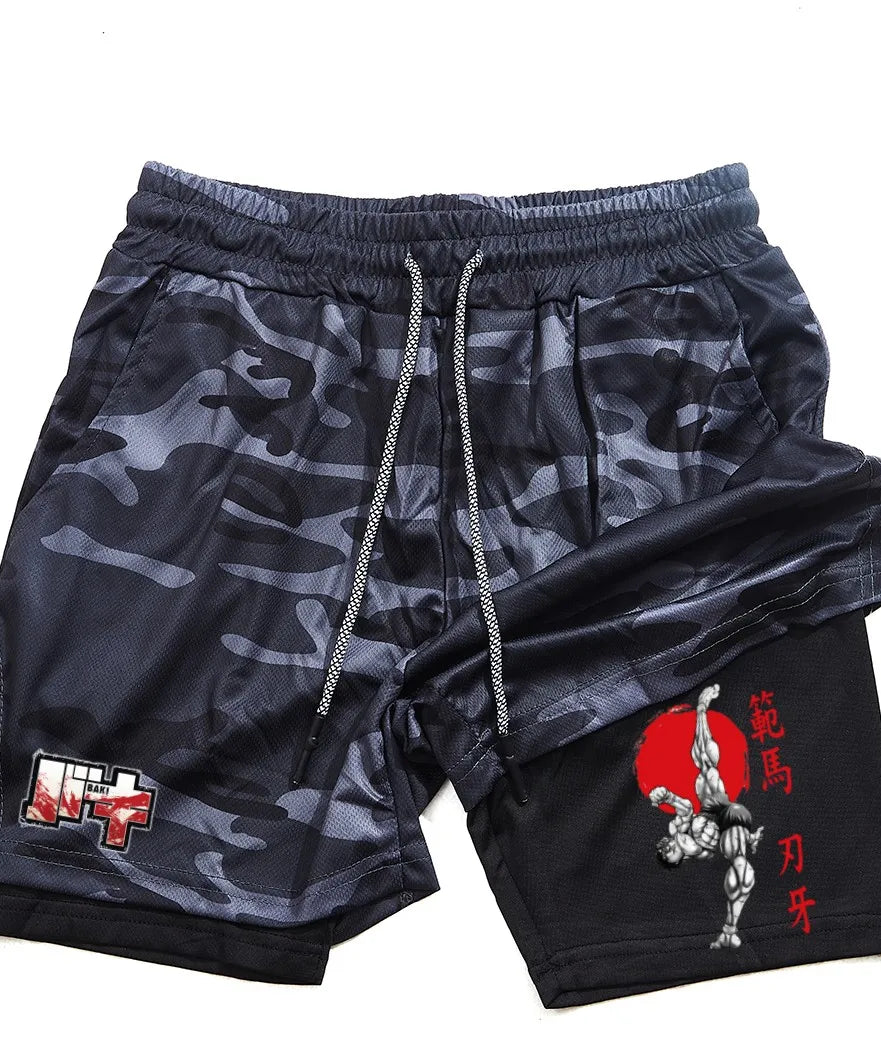 Men's and women's gym shorts, quick drying mesh shorts, animated printed Baki Hanma, sleeves, 2-in-1