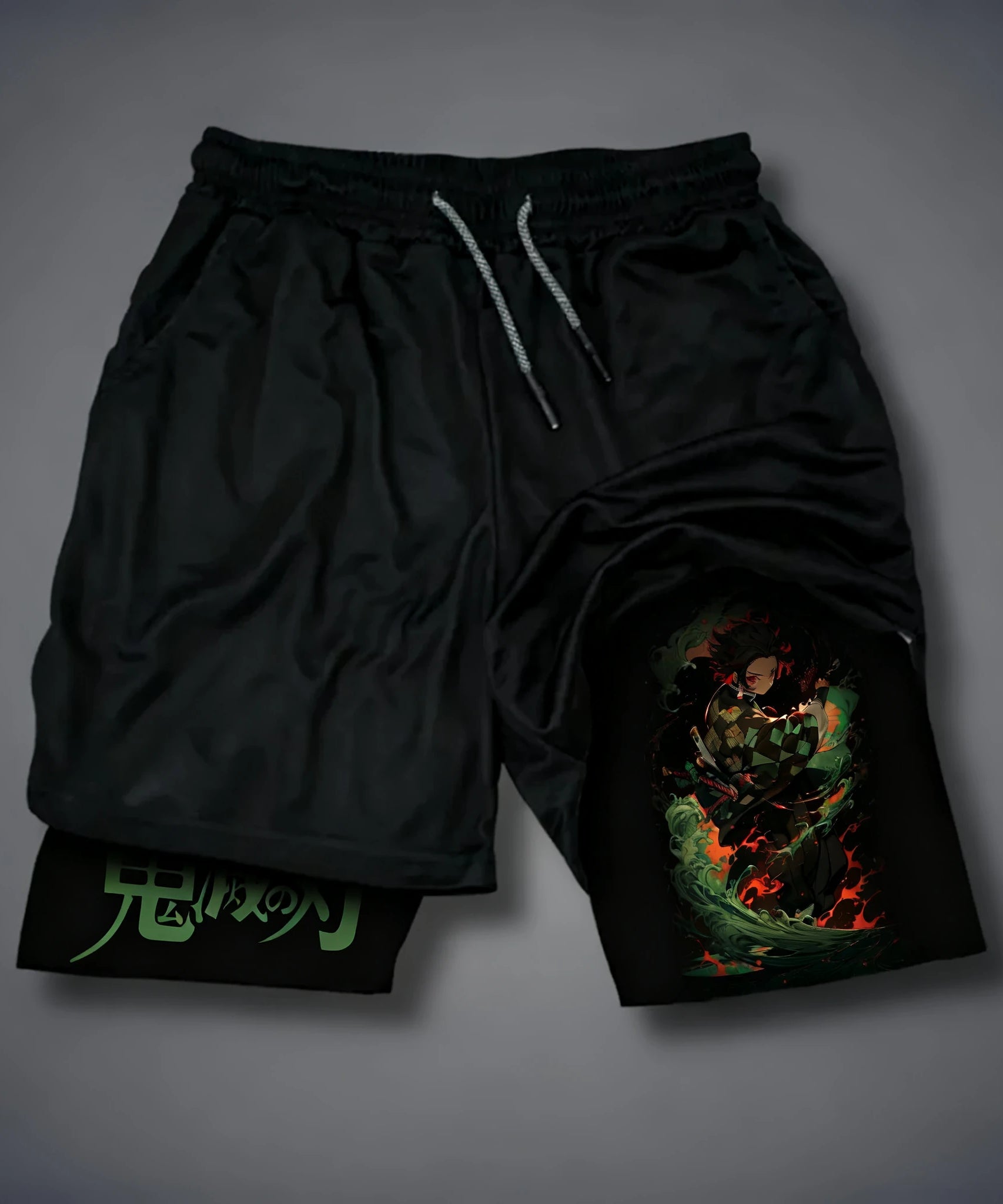 Anime Men's 2-in-1 Sports Shorts Summer New Edition Demon Slayer Corps Printed Fashion Fitness Swimming Double Layer Shorts