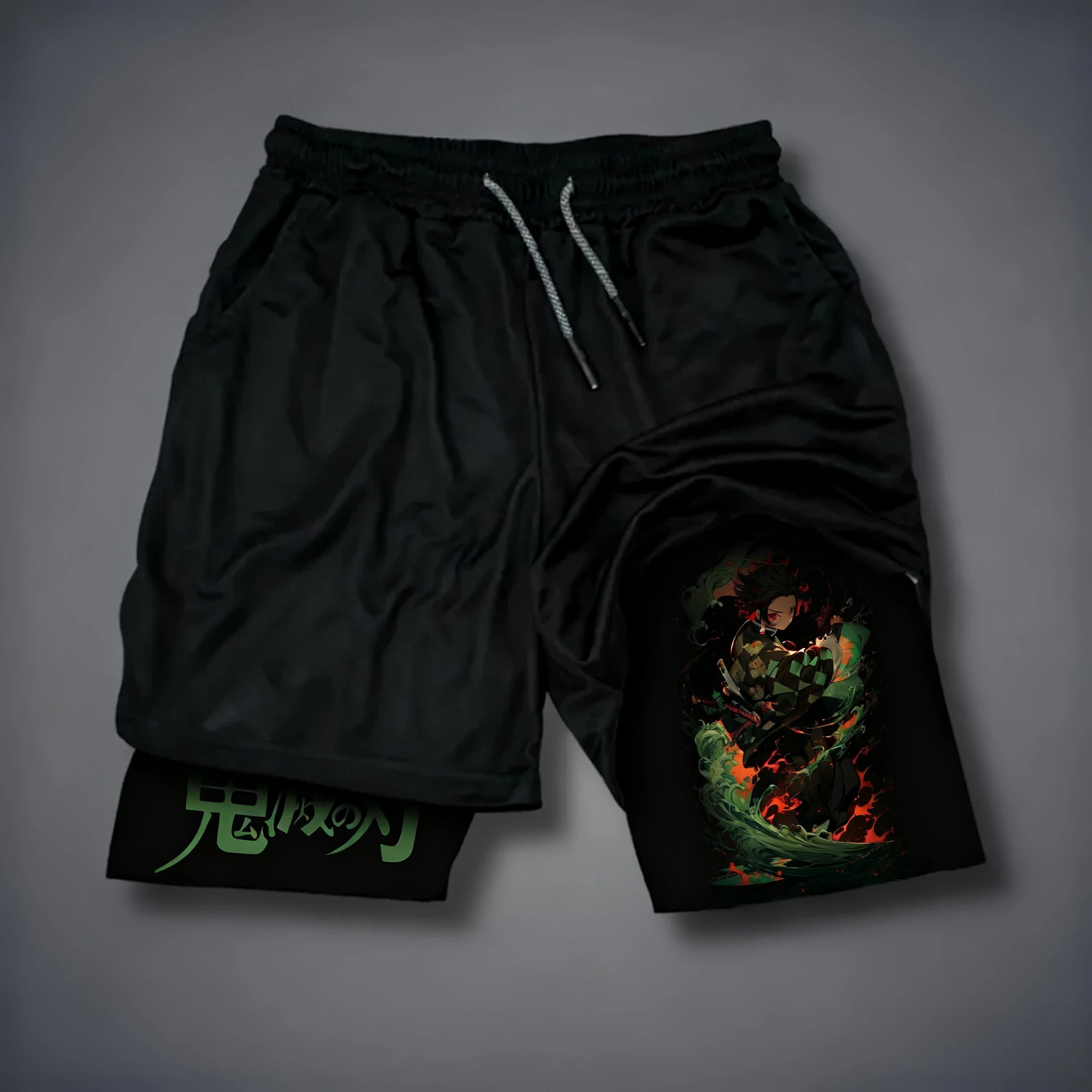 Anime Men's 2-in-1 Sports Shorts Summer New Edition Demon Slayer Corps Printed Fashion Fitness Swimming Double Layer Shorts