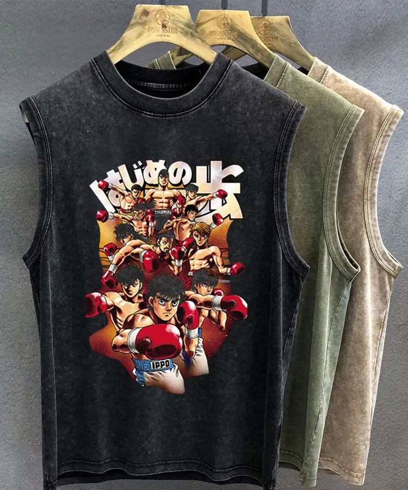 Men's Tank Top Anime Hajime No Ippo Graphic T-shirt Print Oversized Gym Clothing Vintage Wash Sleeveless Vest Womens Y2k Clothes