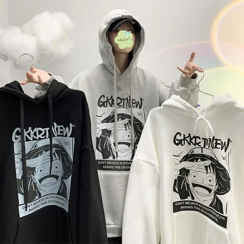 Anime One Piece Monkey D. Luffy Hoodie Men Cartoon Hooded Spring and Autumn Coat Couple Loose Hoodie Top