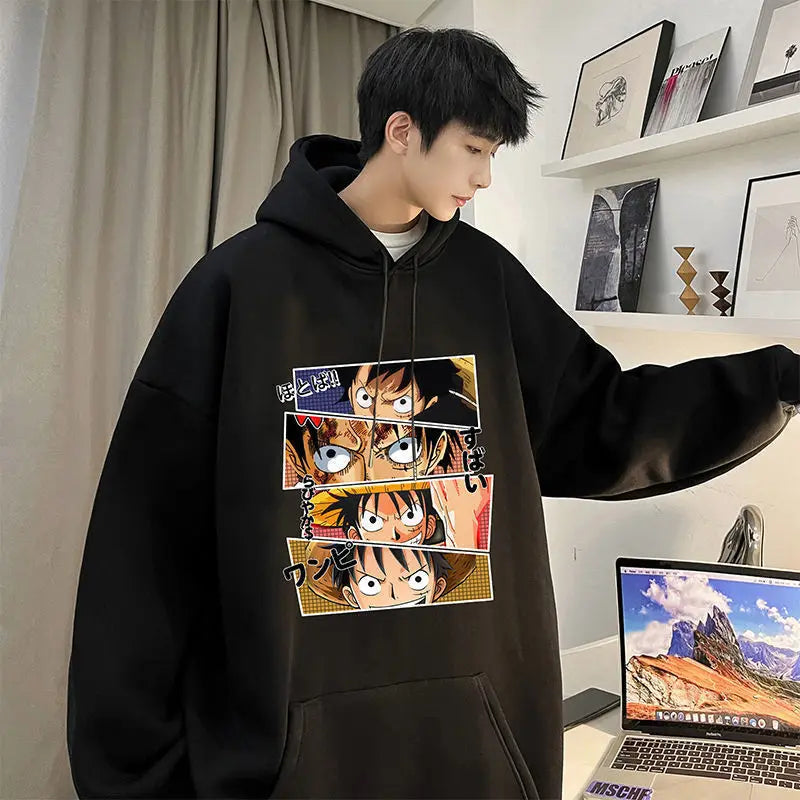 Anime One Piece Monkey D. Luffy Men's Autumn and Winter Printed Hoodie Versatile Hooded Pullover Jacket