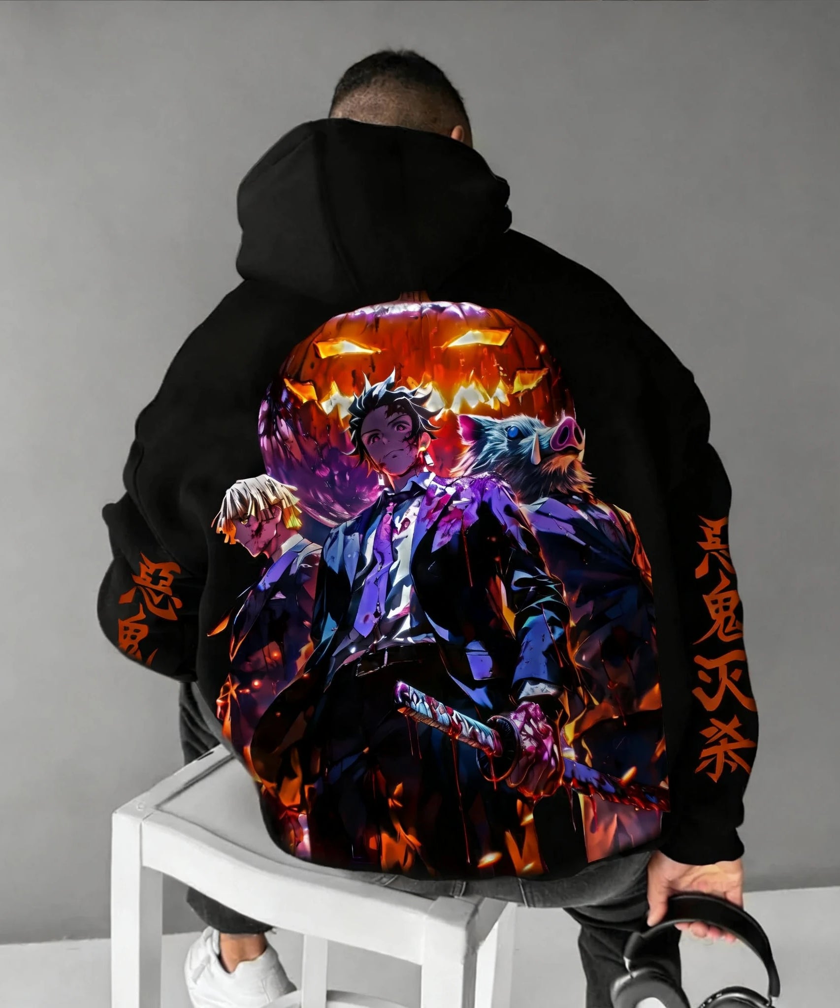 Demon Slayer Halloween Co Branded Hoodie Autumn/Winter Men's New Hashibira Inosuke Anime Printed Casual Loose Parent Child Top
