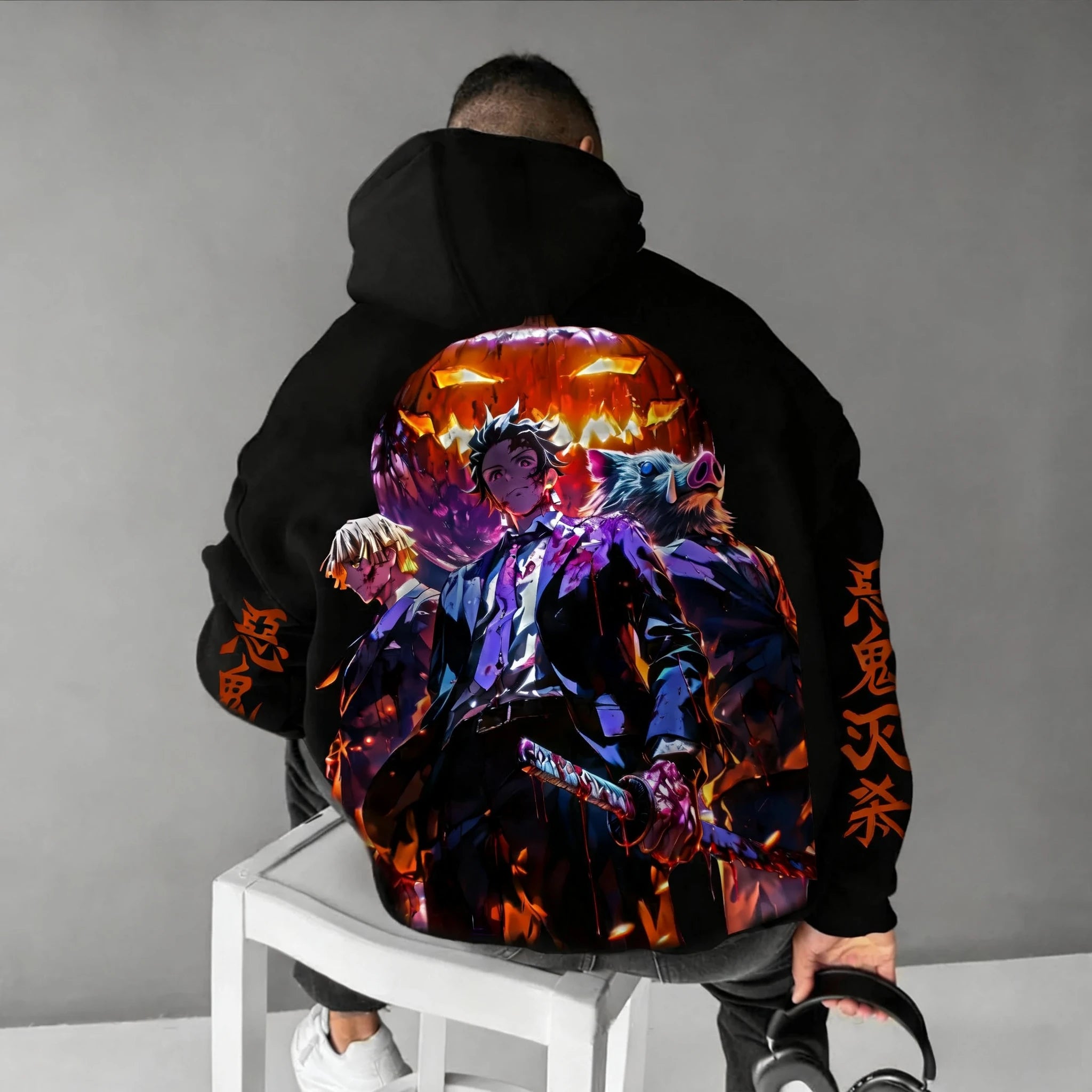 Demon Slayer Halloween Co Branded Hoodie Autumn/Winter Men's New Hashibira Inosuke Anime Printed Casual Loose Parent Child Top
