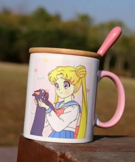 Sailor Moon Usagi Ceramic Mug with Lid & Heart Spoon – Cute Anime Gift Cup