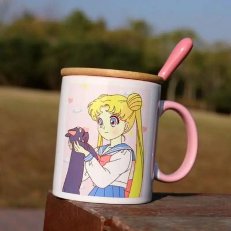 Sailor Moon Usagi Ceramic Mug with Lid & Heart Spoon – Cute Anime Gift Cup