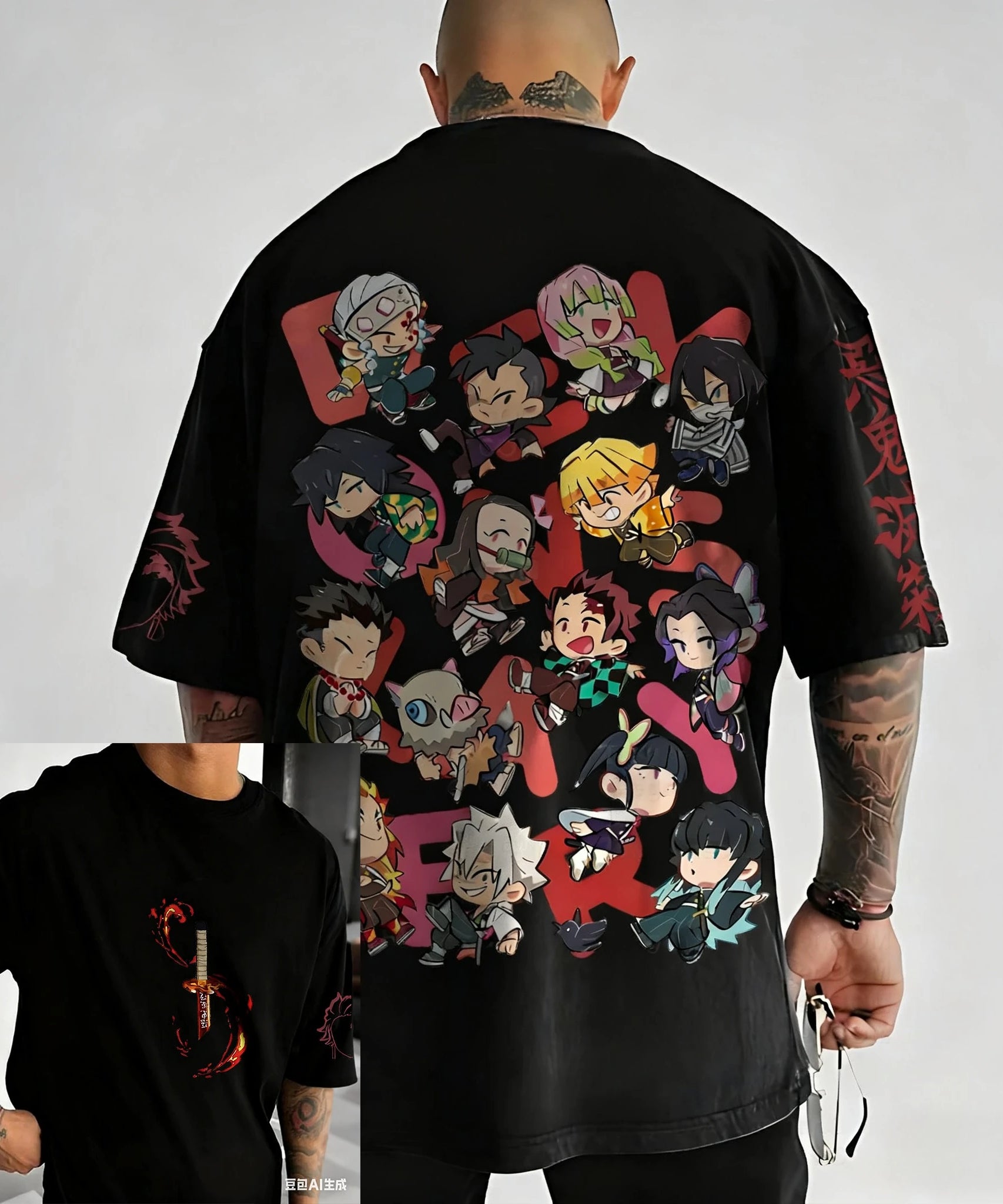Demon Slayer Corps 9 Hashira Anime Printed T-shirt Men's Summer New Harajuku Large Size Trendy Casual Loose Parent Child Top