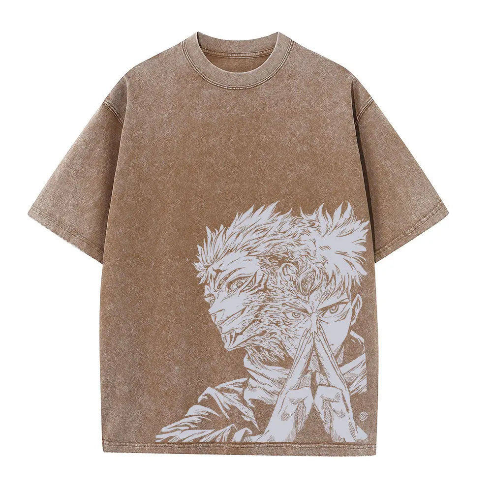 Summer Washed T Shirt Anime Graphic Print Streetwear Vintage Oversized T-Shirt Men Fashion Cotton Top Tee Black Tshirt