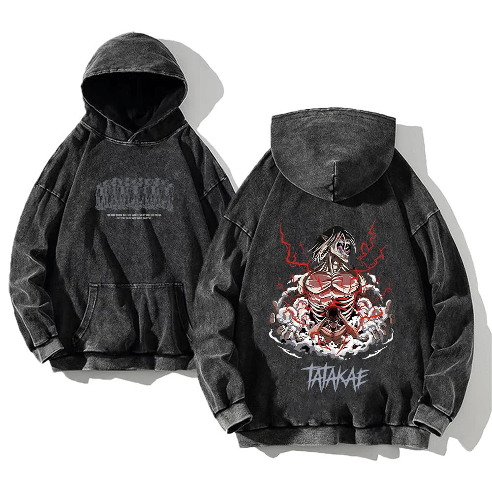 Attack on Titan Acid-Washed Hoodie – Manga Streetwear Long Sleeve