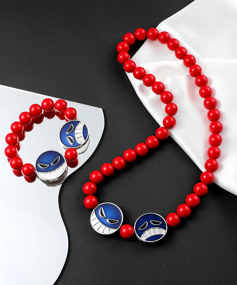 Anime Red Beads Face Bracelet Necklace, Portgas D Ace, Fashion Jewelry Accessories, Cosplay Party Gifts