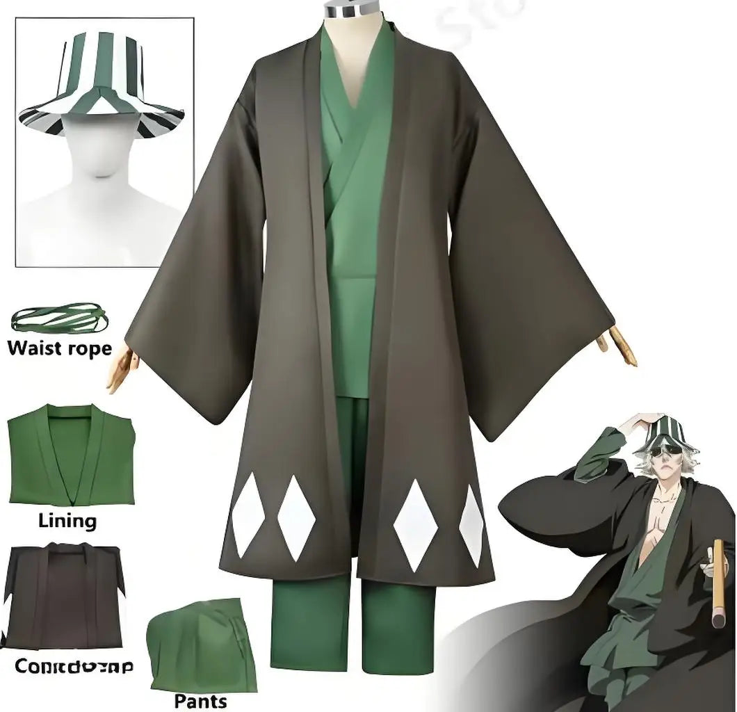 Hot Anime Bleach Cosplay Urahara Kisuke Gotei 13 Costume Kimono Uniform Cape Top Pants Hat Suit For Halloween Carnival Party