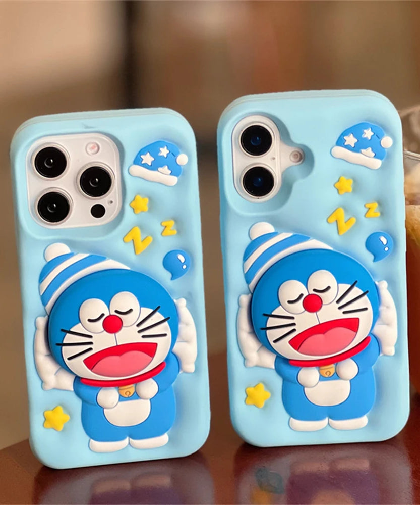 Cute Sleeping Doraemon Silicone Phone Case with Stand – iPhone 12–16 Pro Max