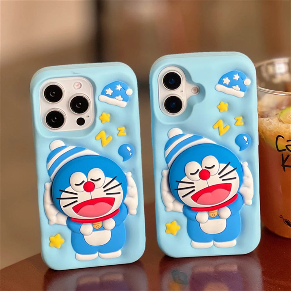 Cute Sleeping Doraemon Silicone Phone Case with Stand – iPhone 12–16 Pro Max