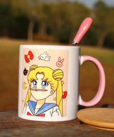 Sailor Moon Usagi Ceramic Mug with Lid & Heart Spoon – Cute Anime Gift Cup