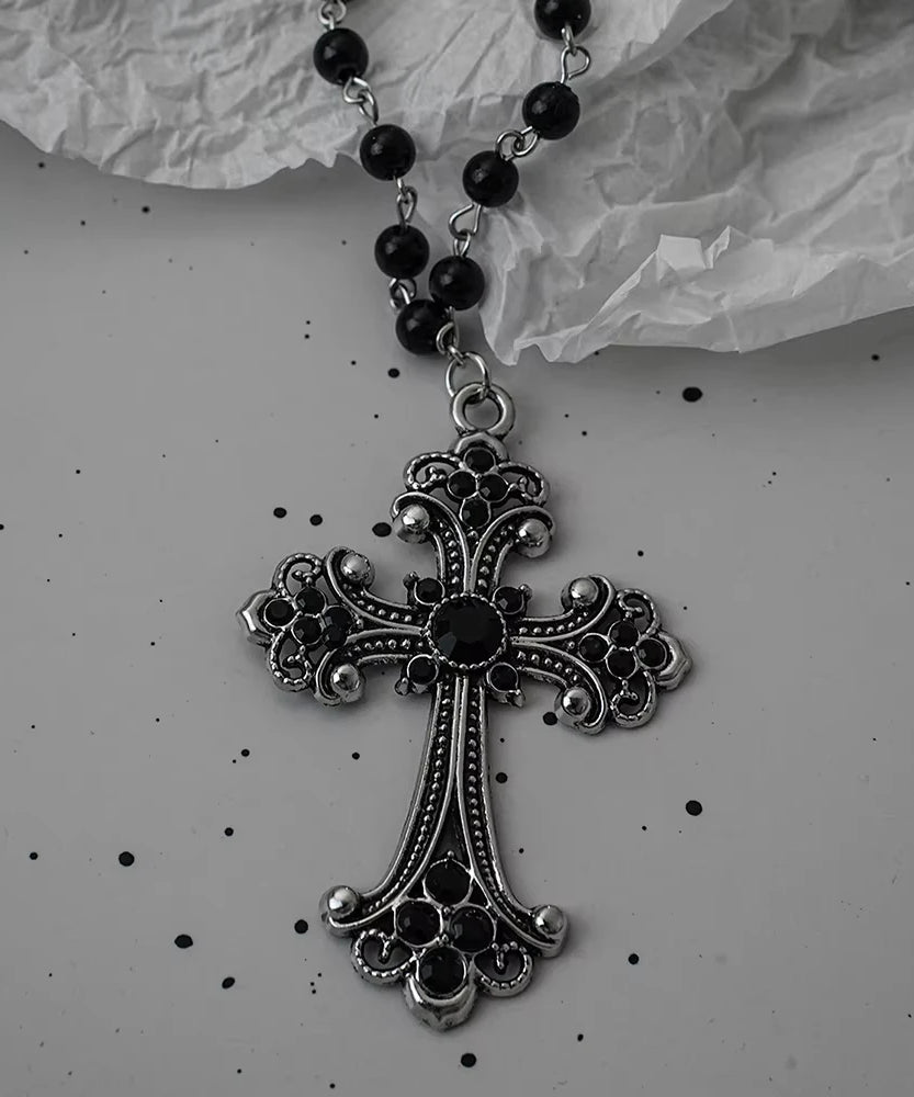Gothic Bat Cross Dark Pendant Necklace Set Thorn Love Black Bead Stacked Necklace Halloween Gifts