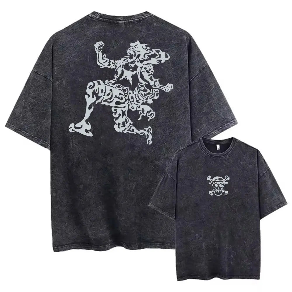 One Piece Anime Print Washed T-shirt Men Hip Hop Streetwear Oversized Women Short Sleeved Graphic Tee Summer Harajuku Casual Top