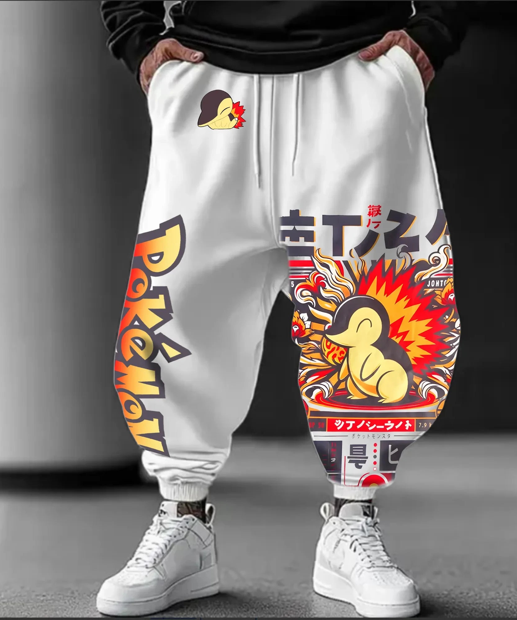 Pokémon Anime Cyndaquil Printed White Sweatpants Men's Autumn/Winter New Japanese Harajuku Loose Casual Tapered Pants