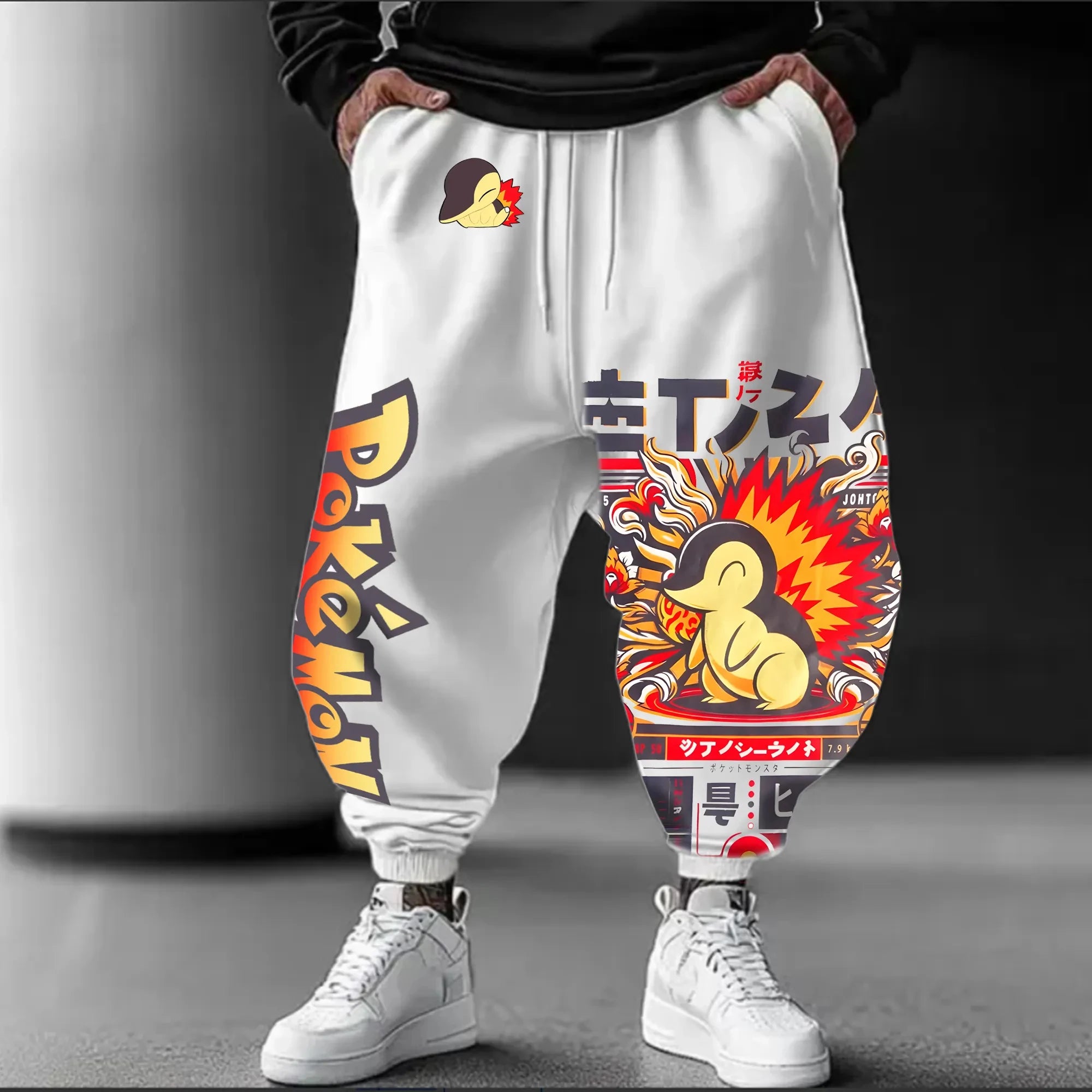 Pokémon Anime Cyndaquil Printed White Sweatpants Men's Autumn/Winter New Japanese Harajuku Loose Casual Tapered Pants