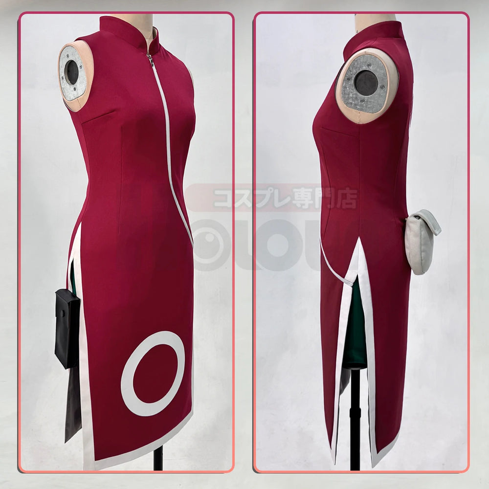 Anime Sakura Haruno Cosplay Costume – Sleeveless Cheongsam Top, Shorts & Waist Bag Set 4