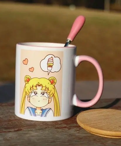Sailor Moon Usagi Ceramic Mug with Lid & Heart Spoon – Cute Anime Gift Cup