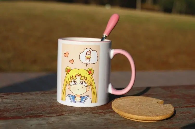 Sailor Moon Usagi Ceramic Mug with Lid & Heart Spoon – Cute Anime Gift Cup