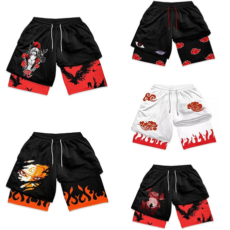 Men's Shorts 2 In 1 Bilayer Shorts Anime Sports Fitness Running Performance Shorts Print Casual Breathable Drawstring Shorts