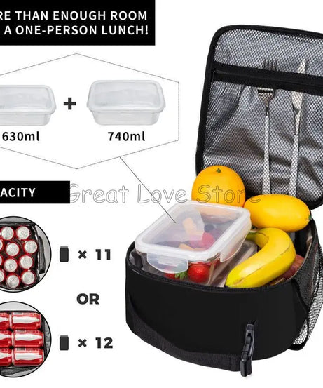 DBZ Kanji Print Insulated Lunch Bag for Women Men Boys Girls Reusable Waterproof Thermal Bento Tote Bags for Work Travel Picnic