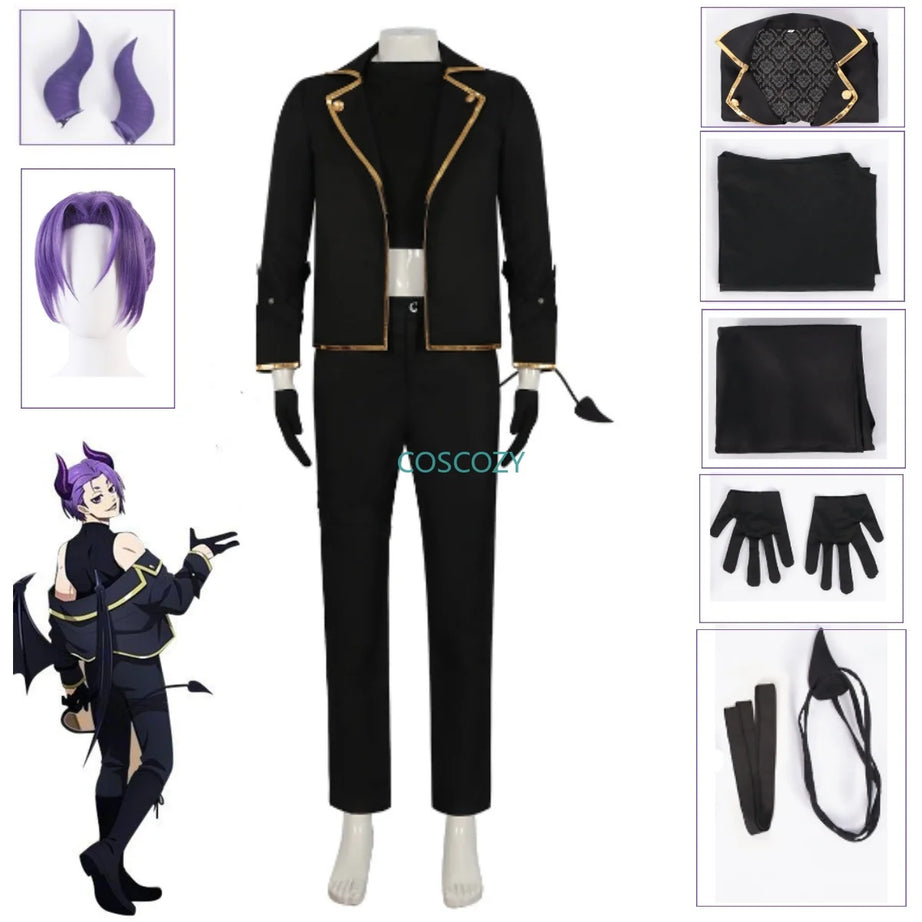 Anime Blue Lock Reo Mikage Cosplay Costume Black Devil Suit Gloves Purple Horns Wig Cosplay Clothes Men Convention Outfits New