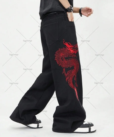 New Retro Oriental Dragon Design Fashionable Loose Jeans Men Street Hip-hop Casual Straight Wide-leg Pants Women