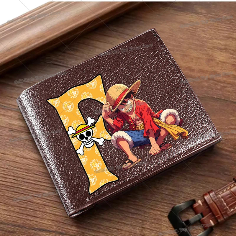 Anime Luffy Men Pu Wallet One Piece Letter A-Z Foldable Short Wallet Man Portable Credit ID Card Holder Male Pocket Coin Purse