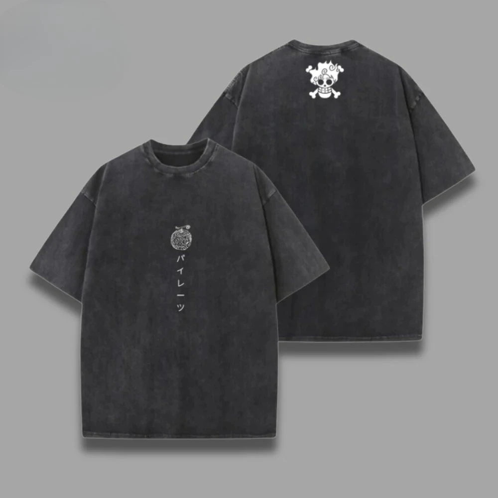 One Piece Skull Short Sleeve Tee Anime Washed Vintage Graphic T-Shirt Man Women Casual Tops Summer Y2k Streetwear