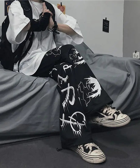 Black Harajuku printed anime sweatpants male streetwear wide leg oversize pants loose casual sport straight trousers men