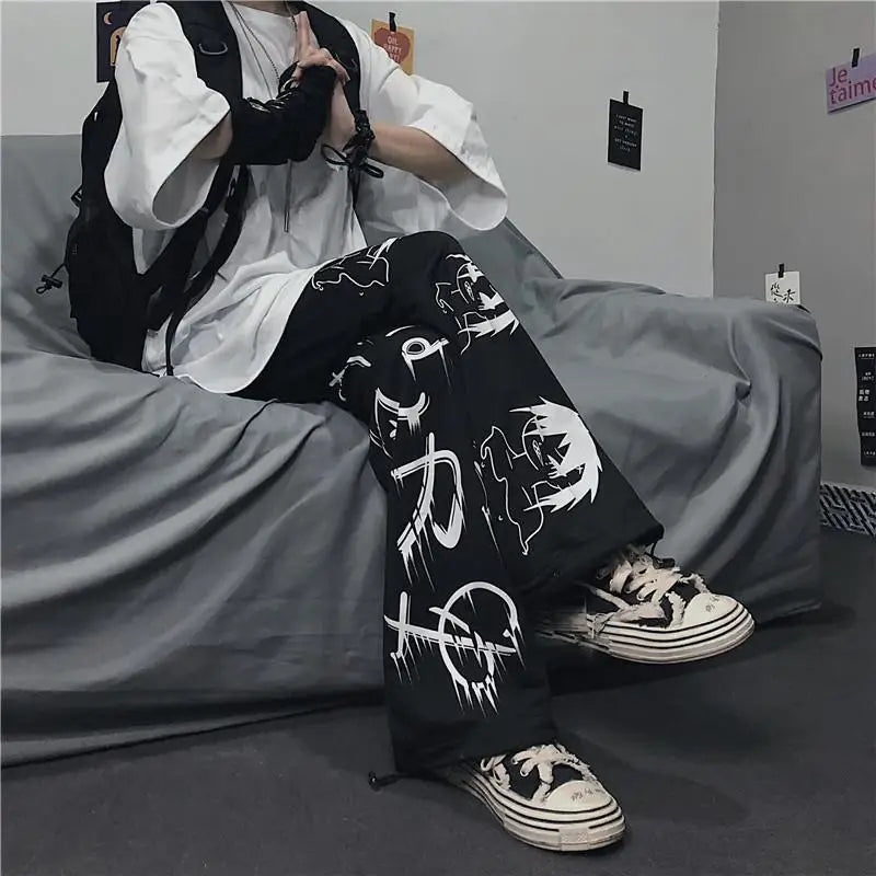 Black Harajuku printed anime sweatpants male streetwear wide leg oversize pants loose casual sport straight trousers men