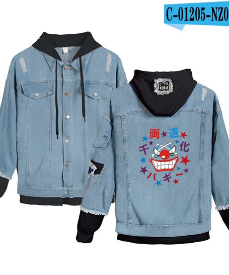 ONE PIECE Anime Chooper Denim Bomber Jacket Hooded Sweatshirt Unisex Ripped Hole Cosplay Hoodie Long-Sleeved Denim Jacket Gift