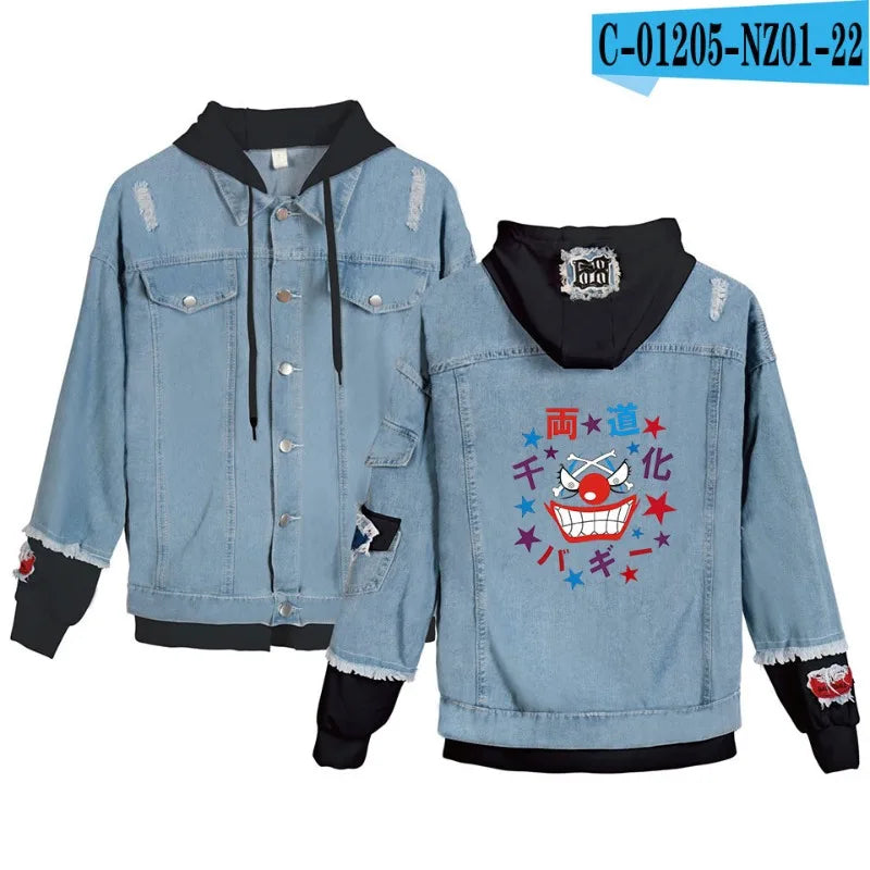 ONE PIECE Anime Chooper Denim Bomber Jacket Hooded Sweatshirt Unisex Ripped Hole Cosplay Hoodie Long-Sleeved Denim Jacket Gift
