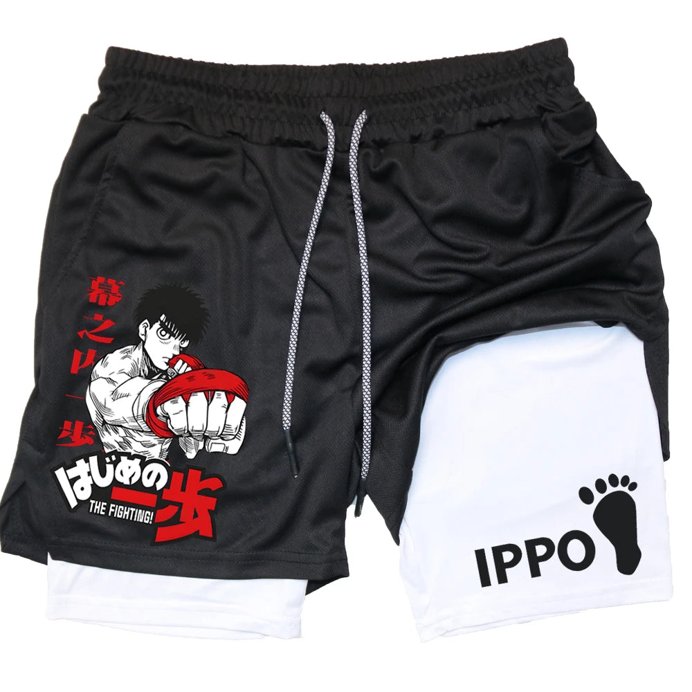IPPO Boxing Anime Gym Shorts – 2-in-1 Quick-Dry Compression Shorts for Men