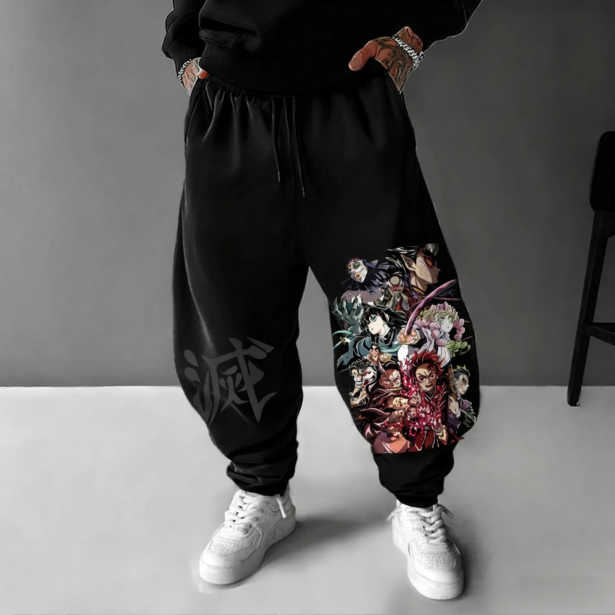Demon Slayer Plus Size Sweatpants  Autumn/winter Men's American Street Trend New Anime Print Loose Casual Sports Taped Pants