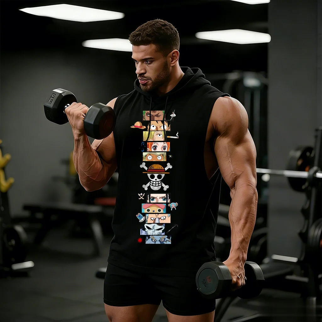 One Piece Anime Hoodie Sleeveless Shirt Men Tank Top Muscle Gym Vest Graphic Print Streetwear Loose Casual Tops Summer New