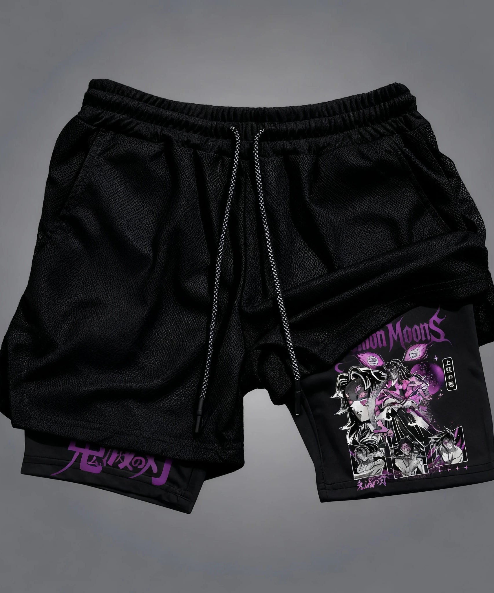 Demon Slayer Kokushibo Anime Printed Double Layer Shorts Summer Men's Fitness Swimming Quick Drying Breathable 2-in-1 Shorts