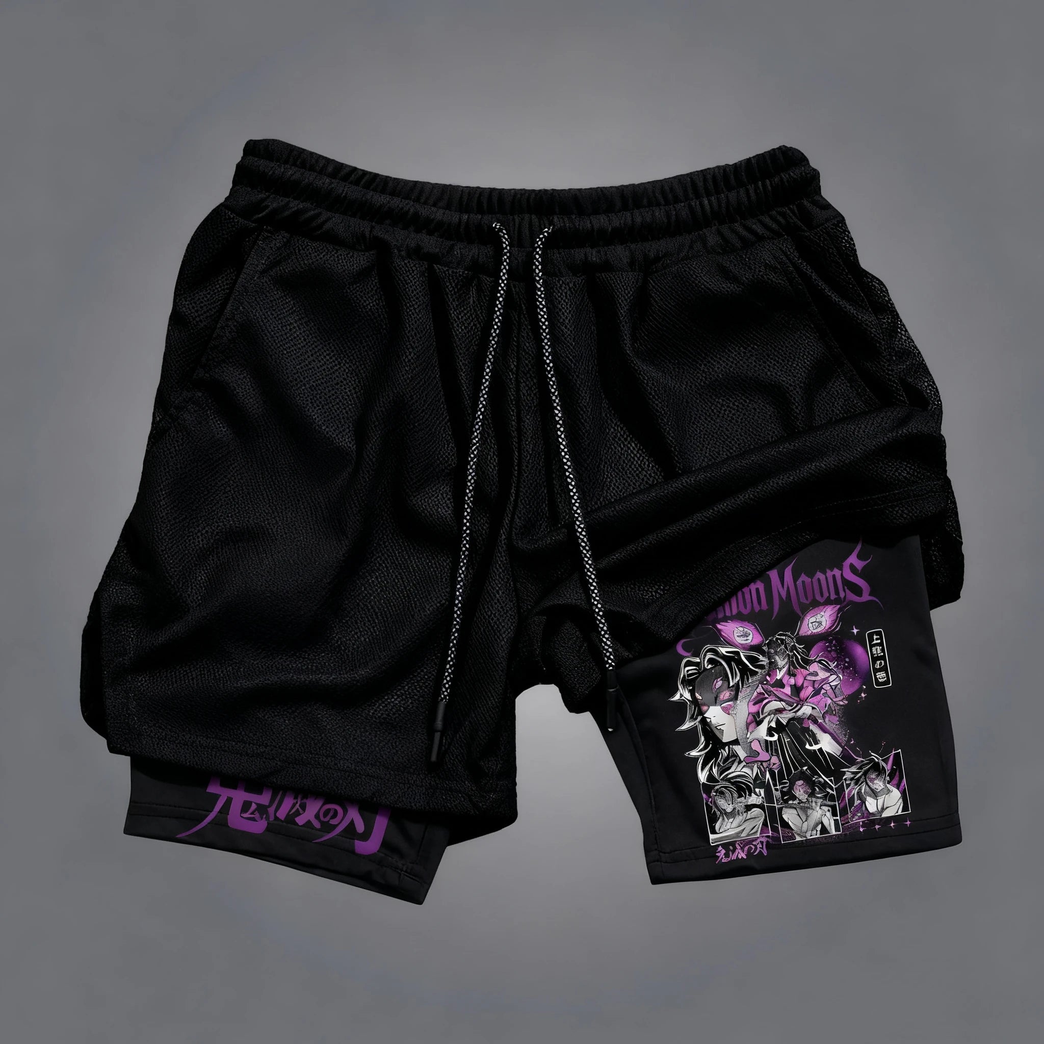 Demon Slayer Kokushibo Anime Printed Double Layer Shorts Summer Men's Fitness Swimming Quick Drying Breathable 2-in-1 Shorts