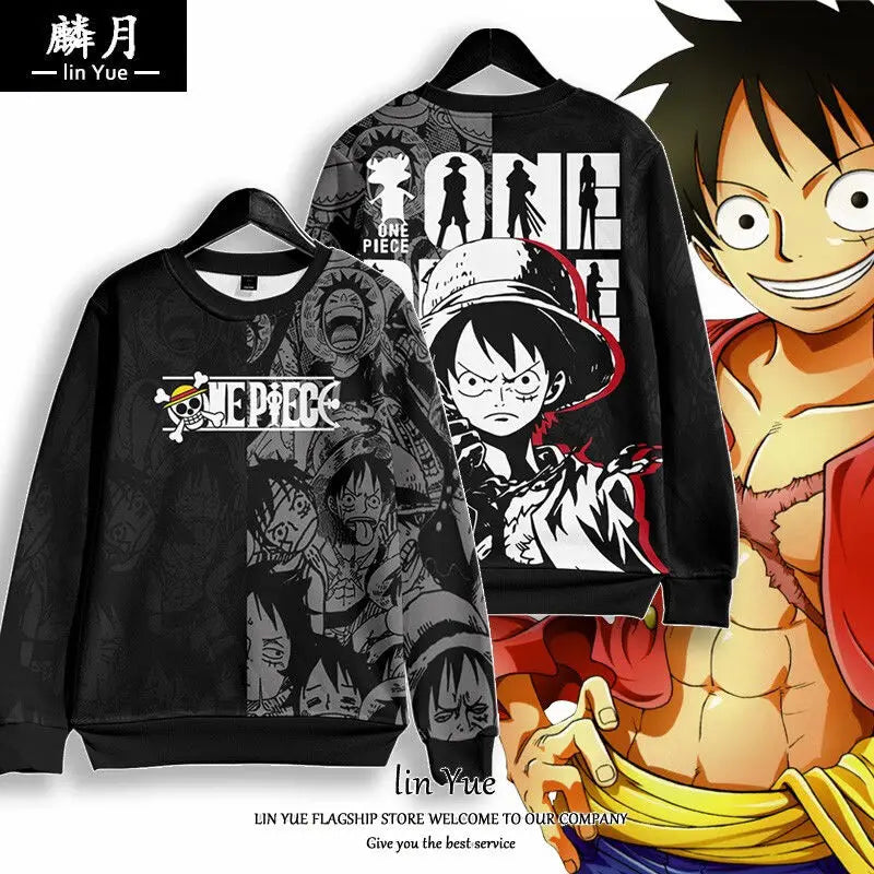 One piece Monkey D. Luffy Cartoon Round Neck Sweatshirt with Printed Casual Loose Autumn and Winter Long Sleeved Top