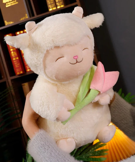 Kawaii Sweet White Sheep Lam Hold Tulip Flower Plush Doll Soft Stuffed Lamb With Tulip Plushie Toy Cute Gift For Kid Birthday