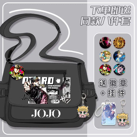 Anime JOJ Adventus Shoulder Bag Black White Messenger  With Front Zipper Badges Crossbody