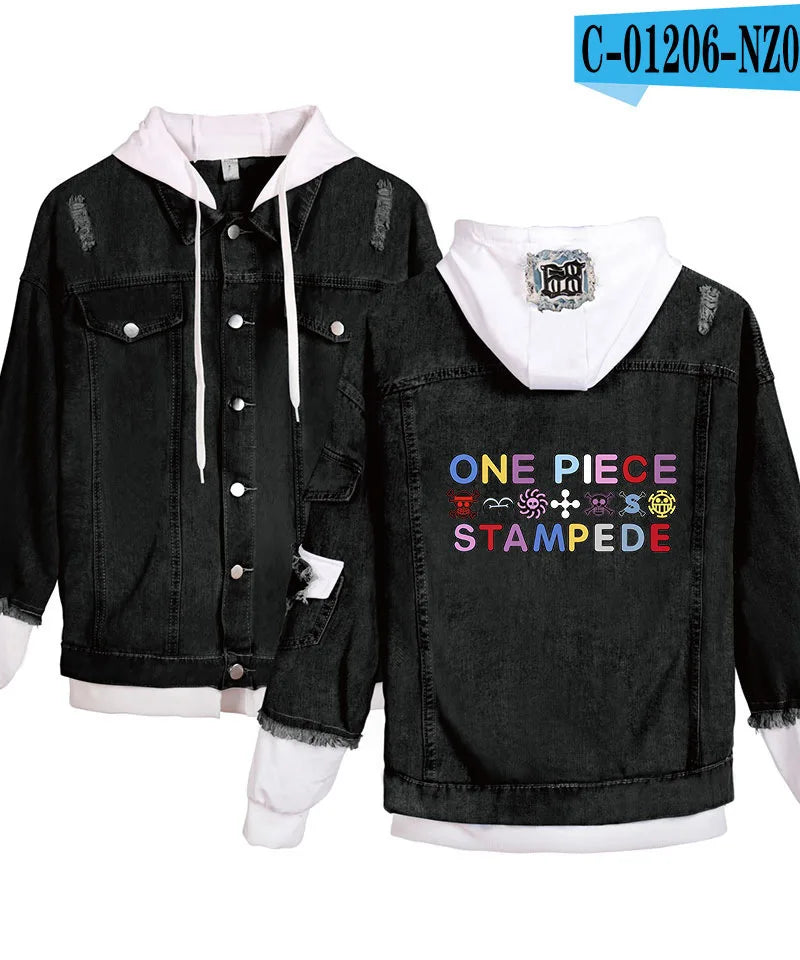 ONE PIECE Anime Chooper Denim Bomber Jacket Hooded Sweatshirt Unisex Ripped Hole Cosplay Hoodie Long-Sleeved Denim Jacket Gift