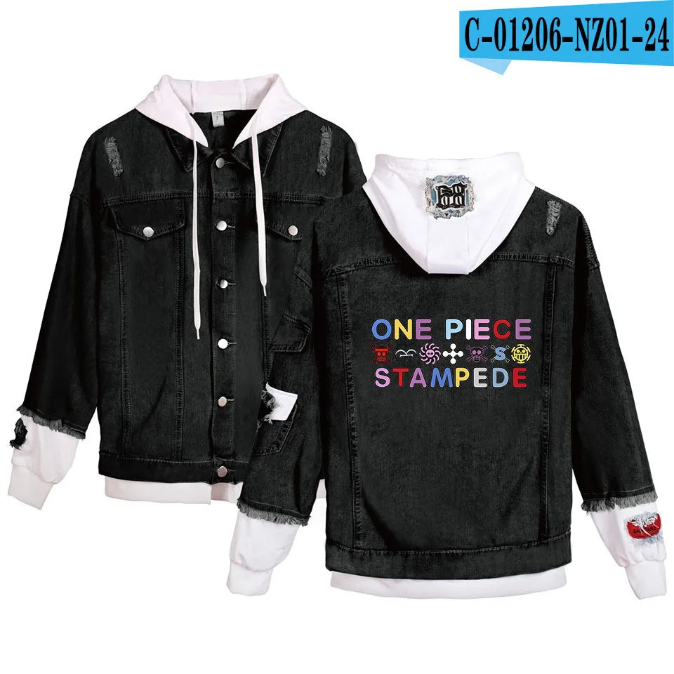 ONE PIECE Anime Chooper Denim Bomber Jacket Hooded Sweatshirt Unisex Ripped Hole Cosplay Hoodie Long-Sleeved Denim Jacket Gift