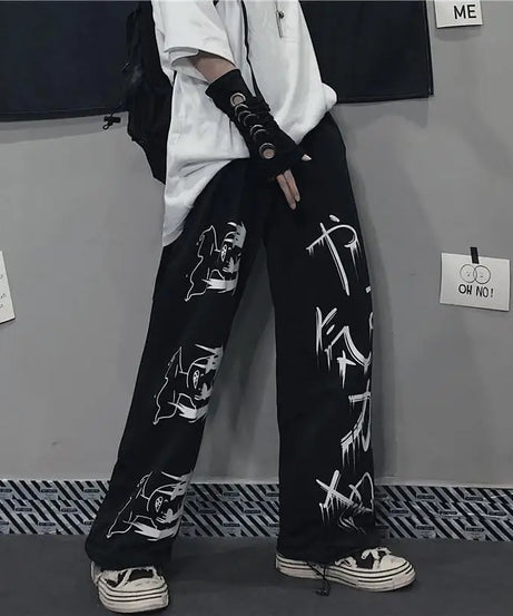 Black Harajuku printed anime sweatpants male streetwear wide leg oversize pants loose casual sport straight trousers men