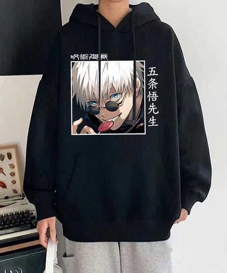 Autumn Winter Casual Anime Gojo Satoru Print Hoodies Solid Color Long Sleeve Hooded Pullovers Sweatshirts Plus Size